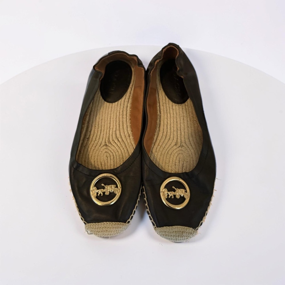 Coach Black Leather Ballet Flats with Gold Logo Medallions